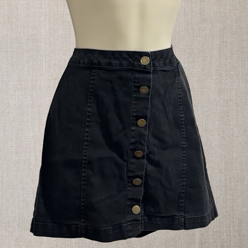 PrettyLittleThing Black Button Front Mini Skirt US 6 UK 10 A-Line Stretch Denim